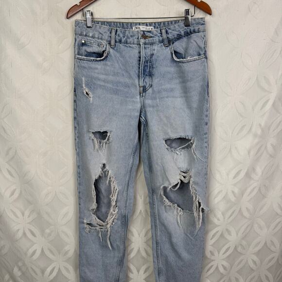 Zara Super Ripped Baggy Distressed Light Washed Jeans Size 6 - Picture 2 of 9